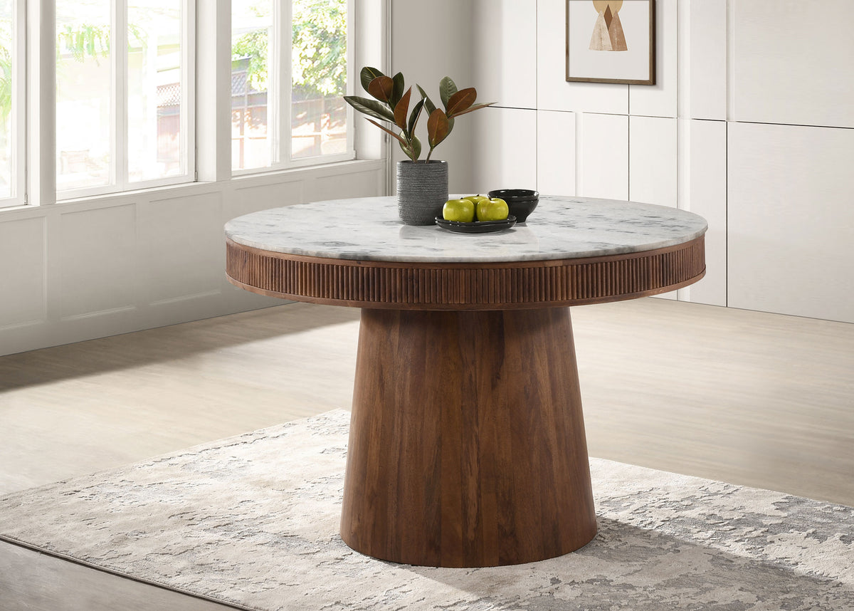 Ortega Round Marble Top Solid Base Dining Table White and Natural Ortega Round Marble Top Solid Base Dining Table White and Natural Half Price Furniture