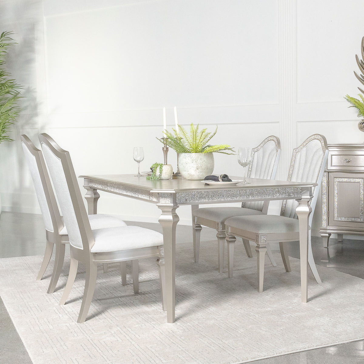 Evangeline Dining Table Set with Extension Leaf Ivory and Silver Oak  Las Vegas Furniture Stores
