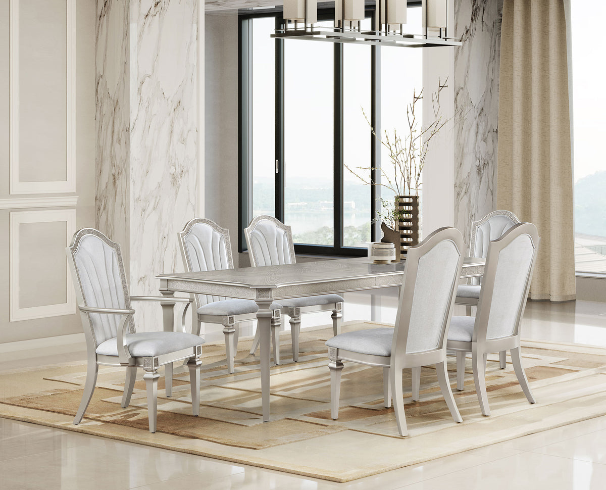 Evangeline Dining Table Set with Extension Leaf Ivory and Silver Oak  Las Vegas Furniture Stores