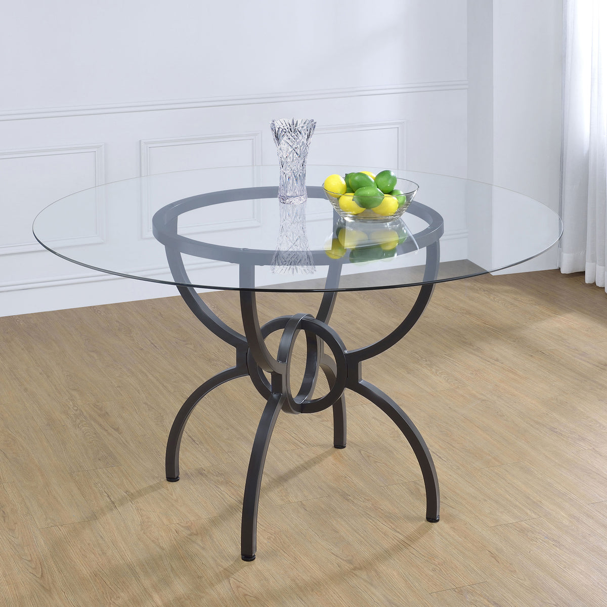 Aviano 48" Round Glass Top Dining Table Clear and Gunmetal  Las Vegas Furniture Stores