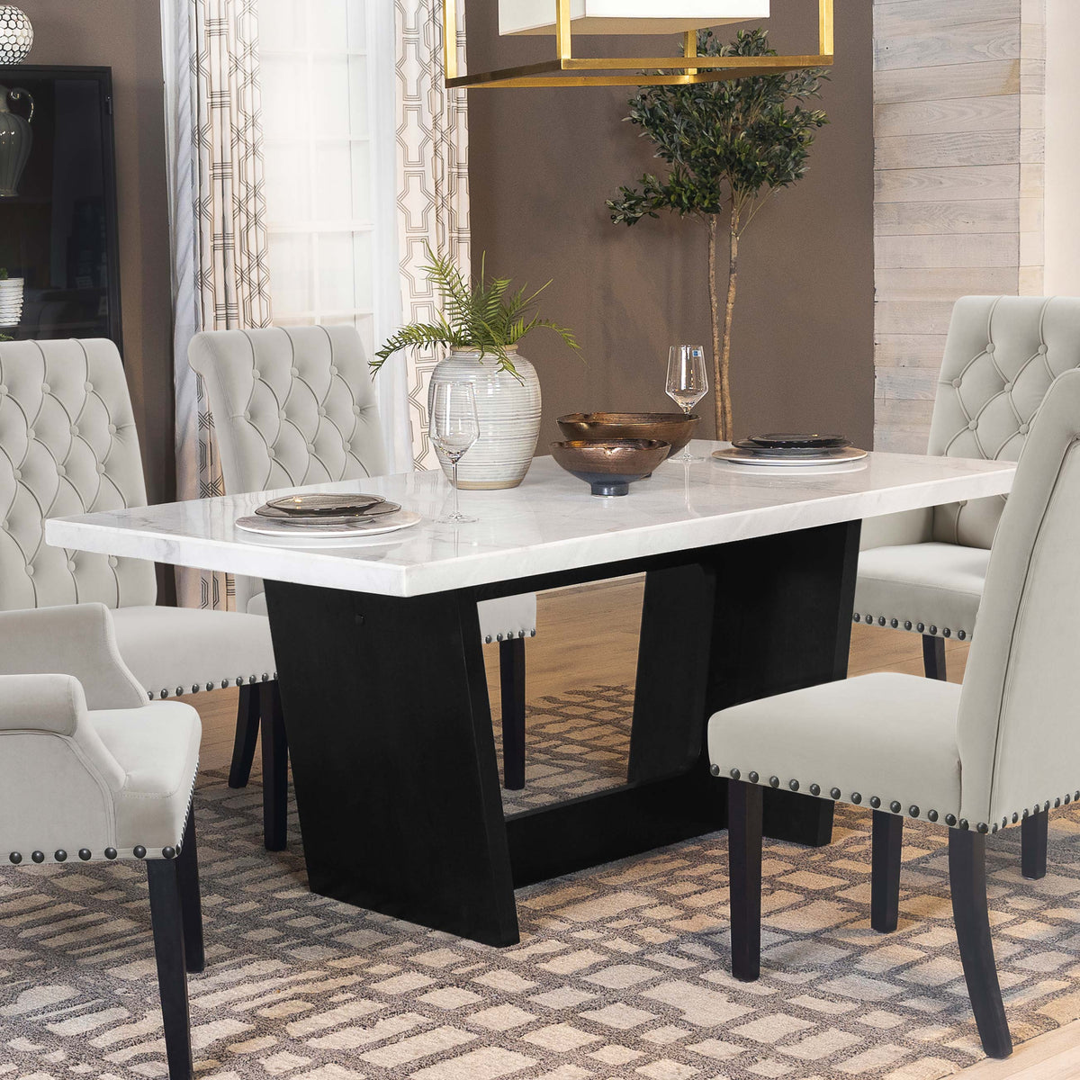 Sherry Trestle Base Marble Top Dining Table Espresso and White  Las Vegas Furniture Stores