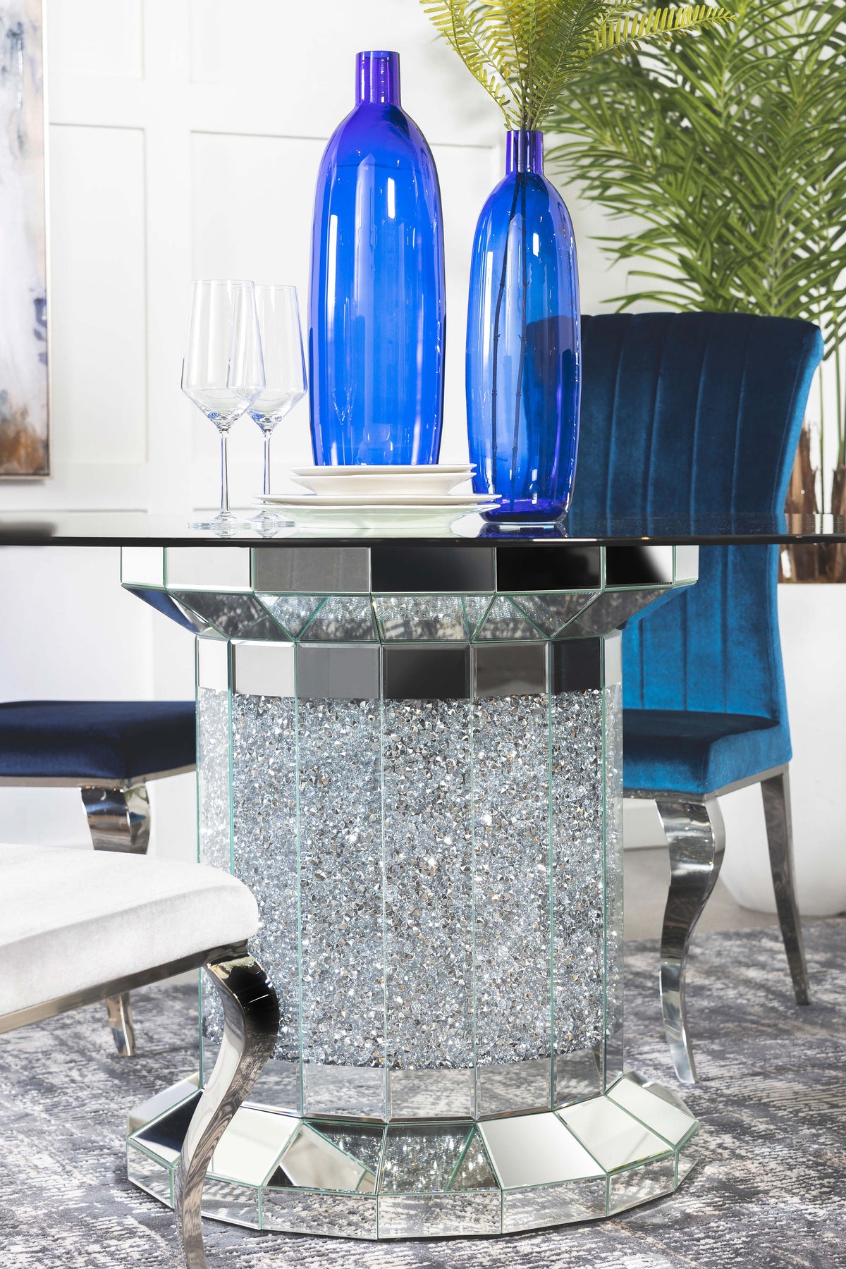 Ellie Cylinder Pedestal Glass Top Dining Table Mirror  Las Vegas Furniture Stores