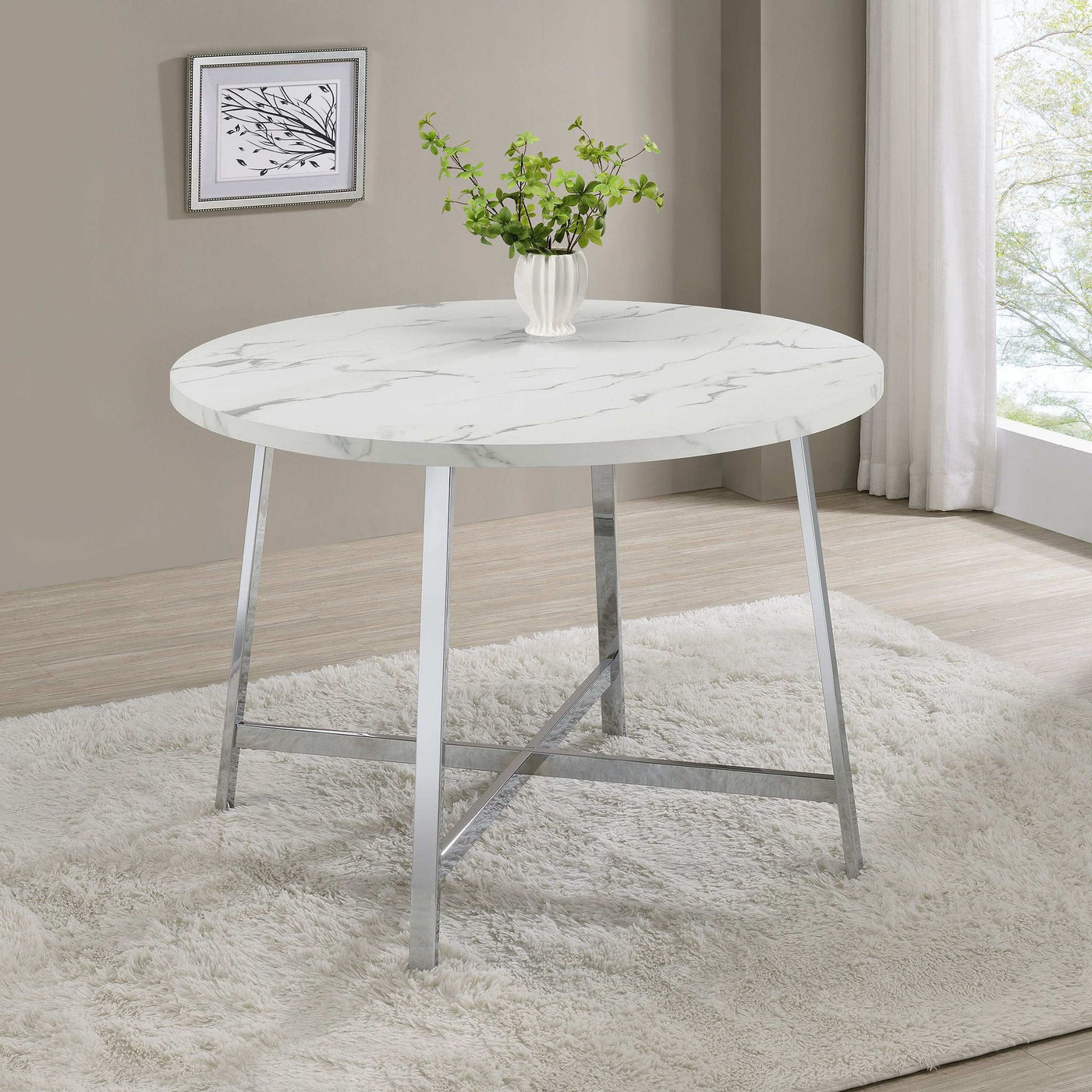 Alcott Round Faux Carrara Marble Top Dining Table Chrome Half Price Furniture
