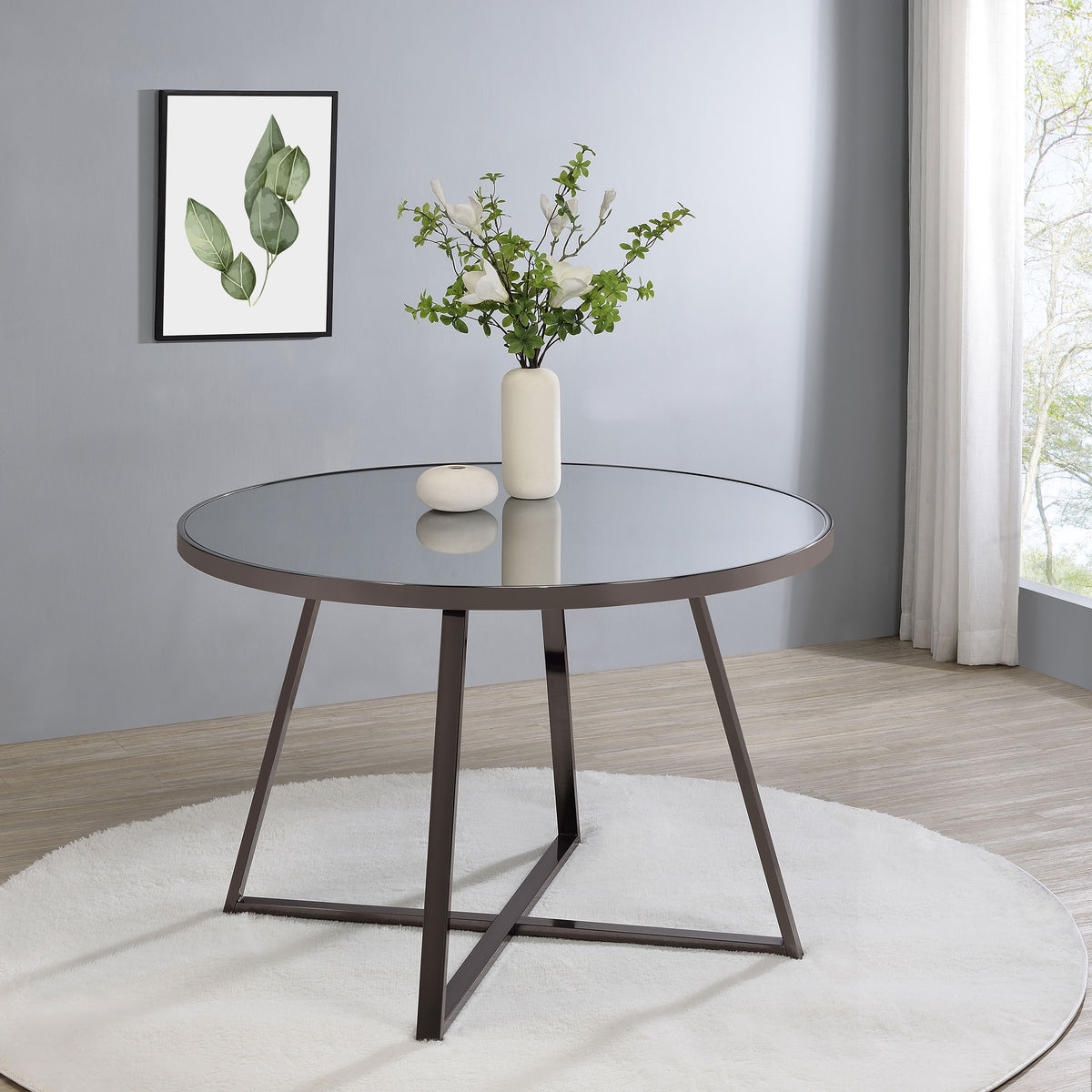 Jillian Round Dining Table with Tempered Mirror Top Black Nickel Jillian Round Dining Table with Tempered Mirror Top Black Nickel Half Price Furniture