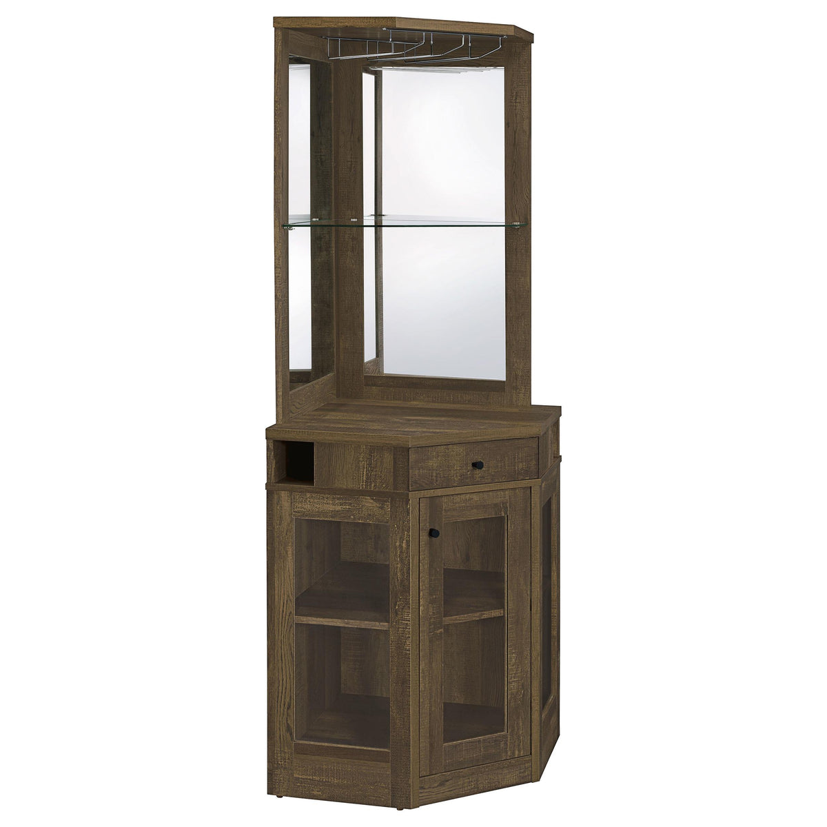 Alviso Corner Bar Cabinet with Stemware Rack Rustic Oak Half Price Furniture