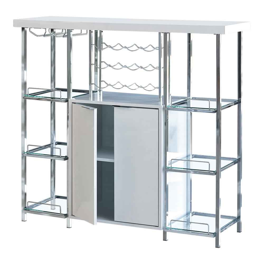 Gallimore 2-door Bar Cabinet with Glass Shelf High Glossy White and Chrome  Las Vegas Furniture Stores