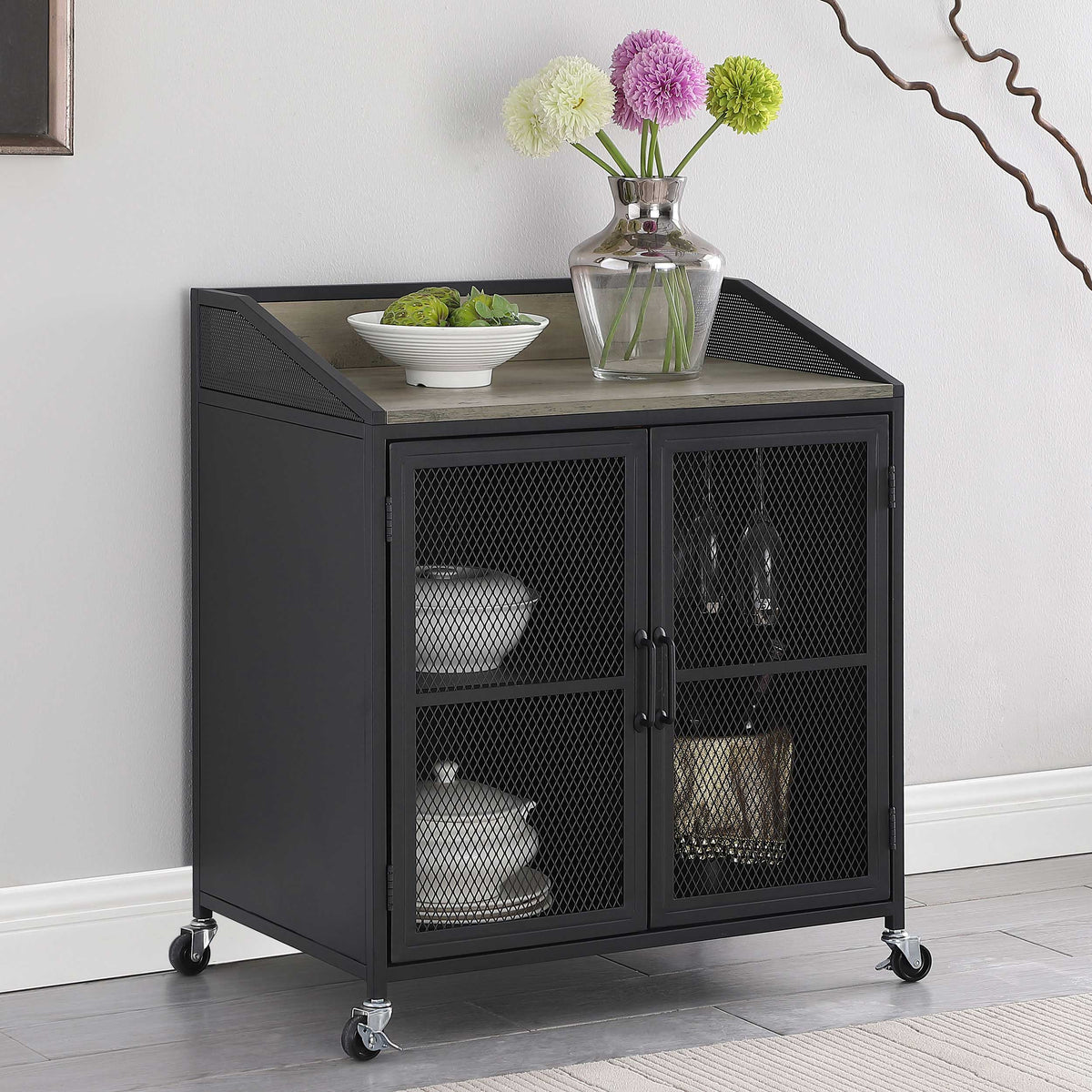 Arlette Wine Cabinet with Wire Mesh Doors Grey Wash and Sandy Black  Las Vegas Furniture Stores