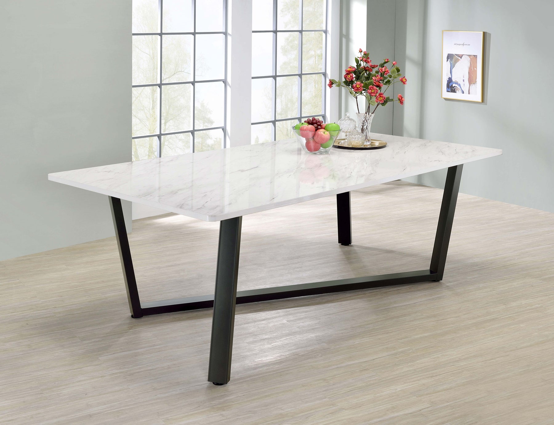 Mayer Rectangular Dining Table Faux White Marble and Gunmetal Half Price Furniture