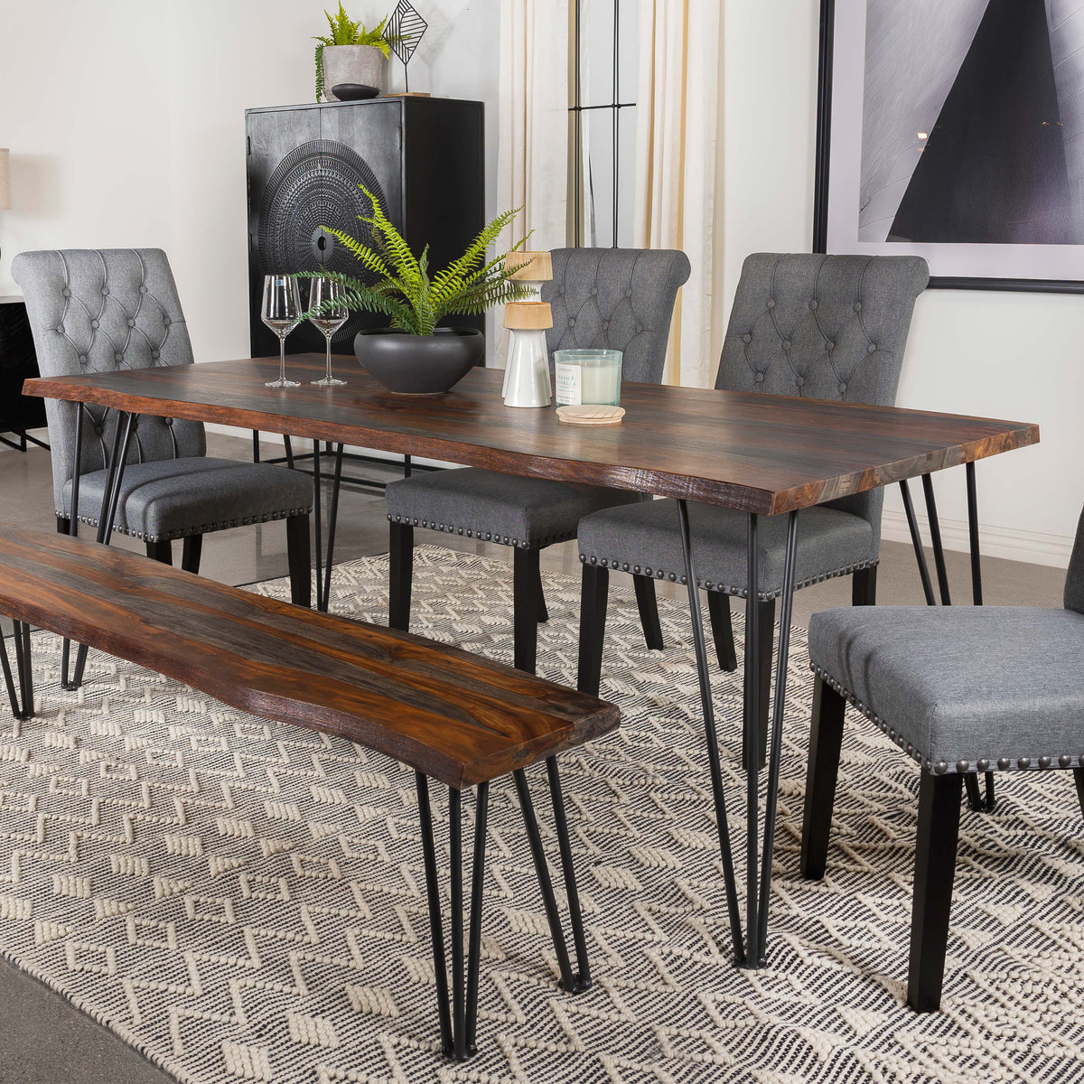 Neve Live-edge Dining Table with Hairpin Legs Sheesham Grey and Gunmetal Neve Live-edge Dining Table with Hairpin Legs Sheesham Grey and Gunmetal Half Price Furniture