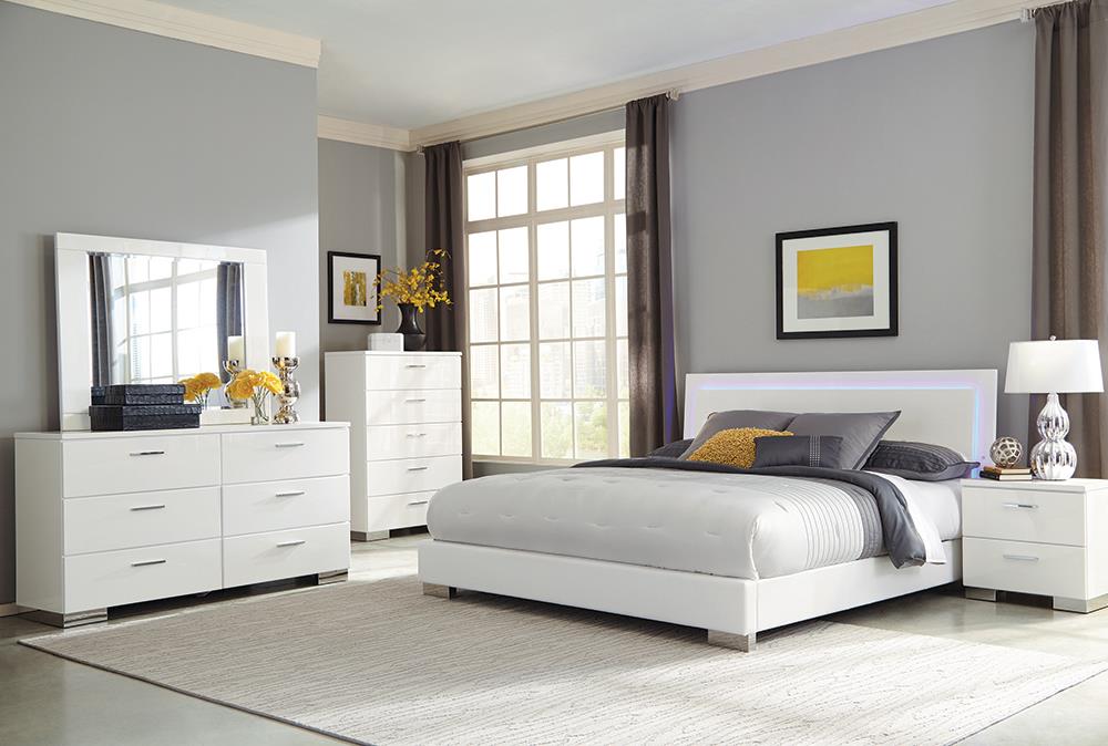 Felicity 5-piece Eastern King Bedroom Set with LED Headboard Glossy White Half Price Furniture