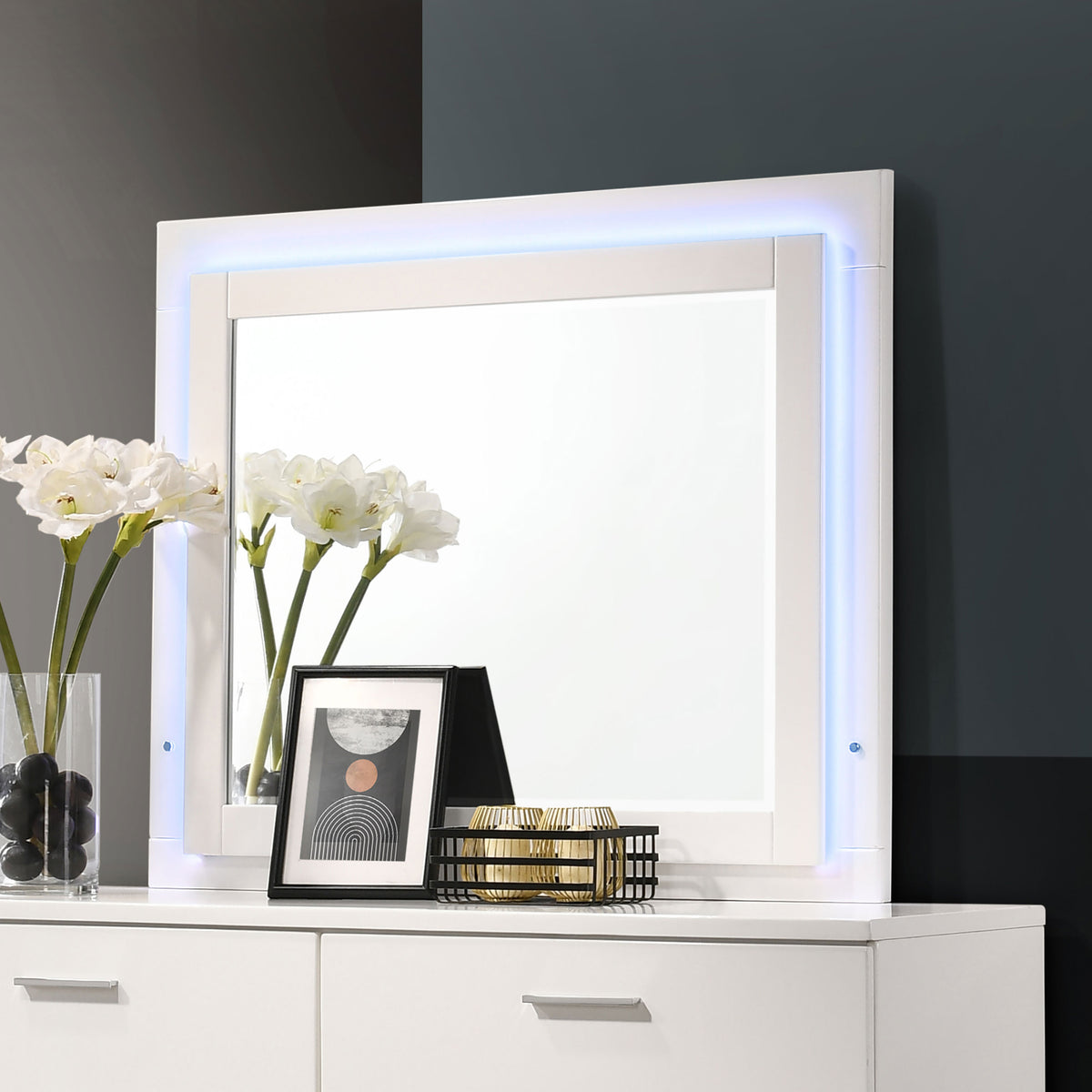 Felicity Dresser Mirror Glossy White with LED Light  Las Vegas Furniture Stores