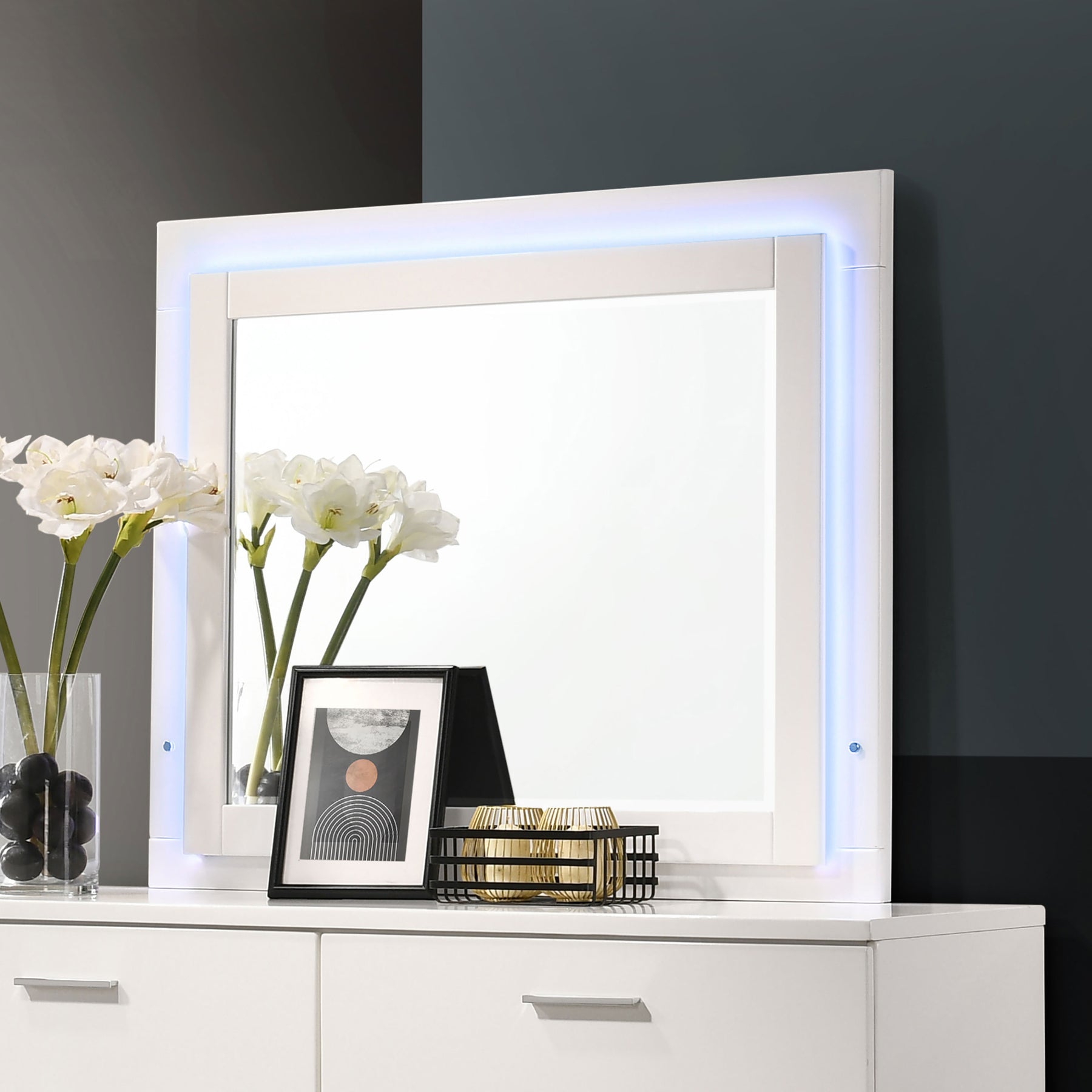 Felicity Dresser Mirror Glossy White with LED Light Half Price Furniture