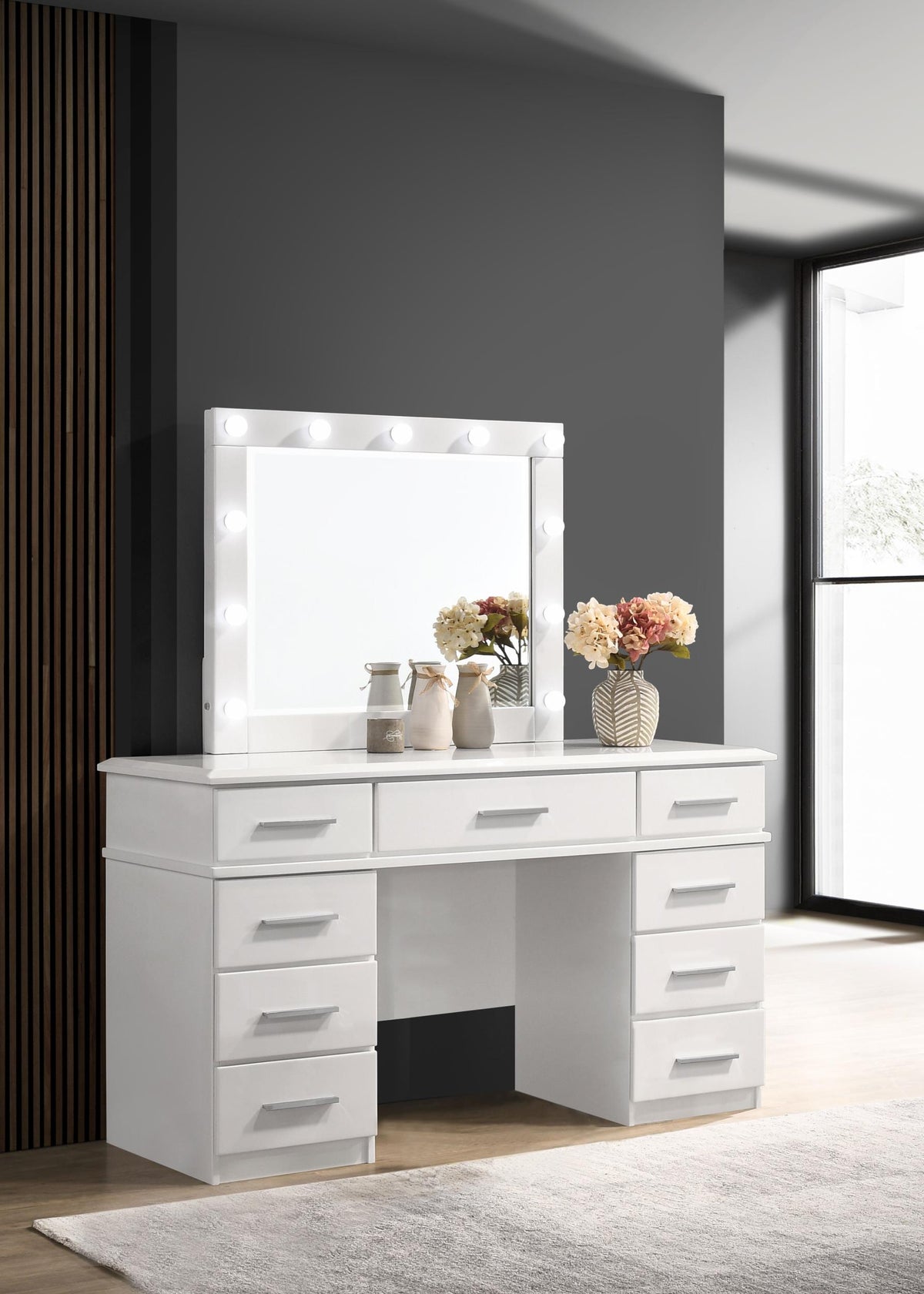 Felicity 9-drawer Vanity Desk with Lighted Mirror Glossy White Felicity 9-drawer Vanity Desk with Lighted Mirror Glossy White Half Price Furniture