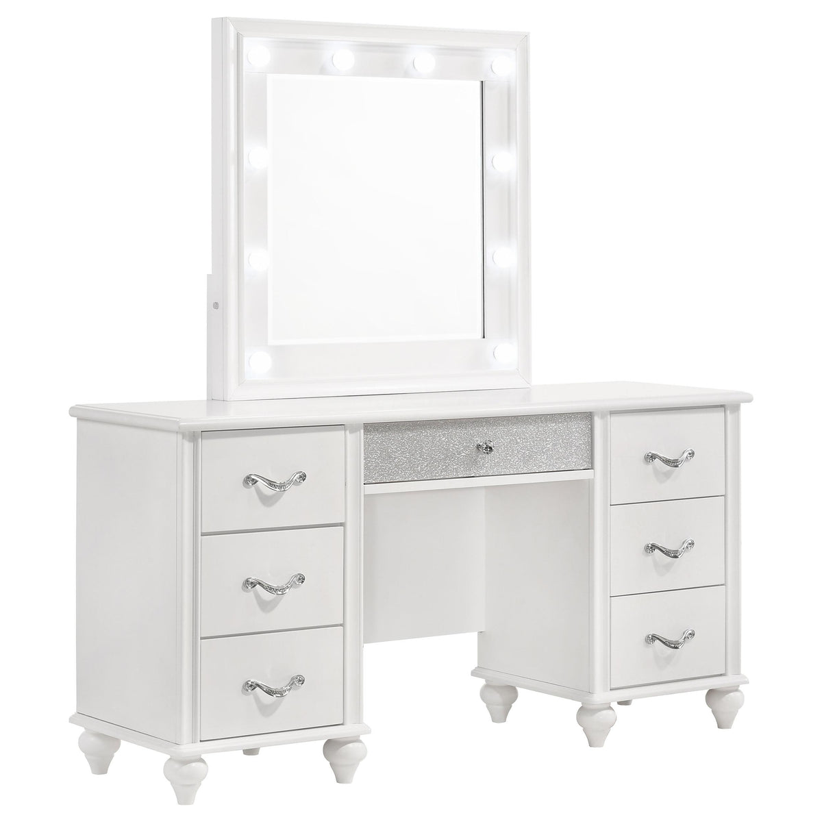 Barzini 7-drawer Vanity Desk with Lighted Mirror White  Las Vegas Furniture Stores