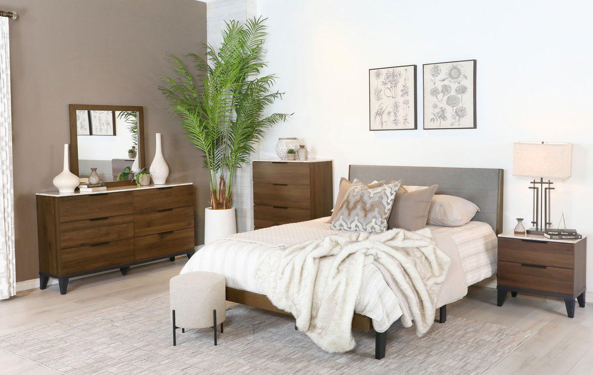 Mays Upholstered Bedroom Set Walnut Brown and Grey - Half Price Furniture