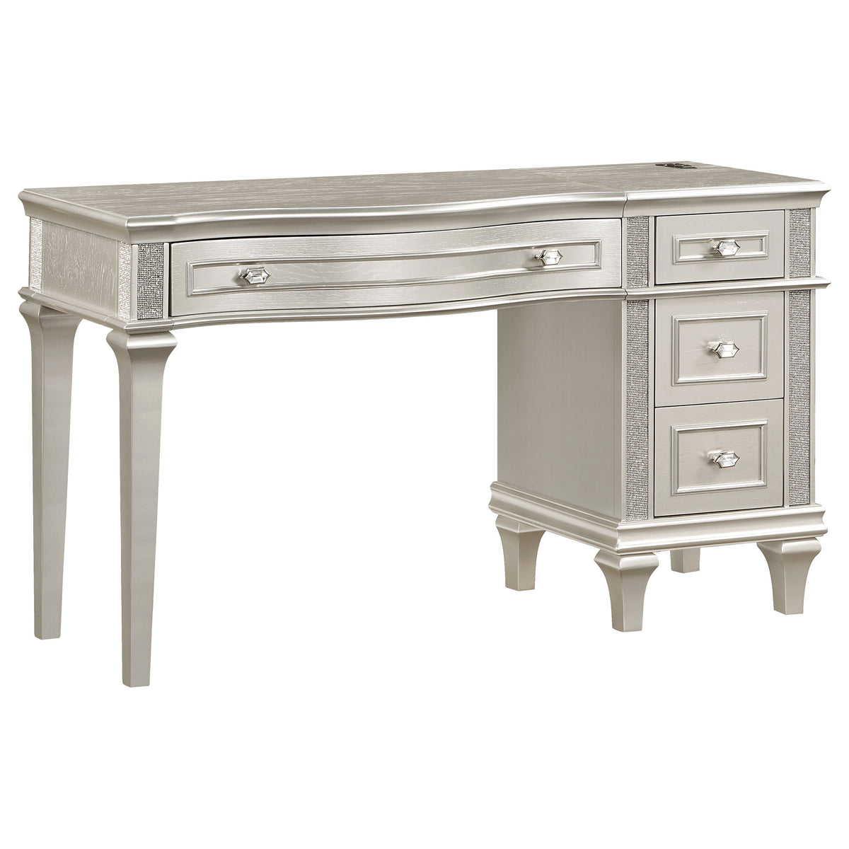 Evangeline 4-drawer Vanity Table with Faux Diamond Trim Silver and Ivory Evangeline 4-drawer Vanity Table with Faux Diamond Trim Silver and Ivory Half Price Furniture