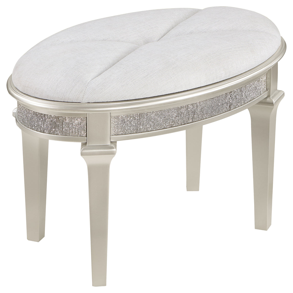 Evangeline Oval Vanity Stool with Faux Diamond Trim Silver and Ivory Half Price Furniture