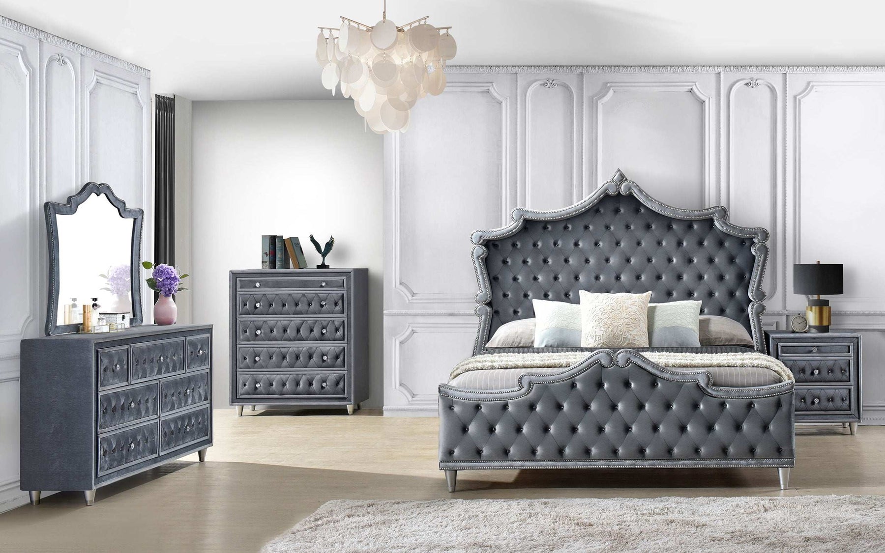 Antonella 4-Piece Queen Upholstered Tufted Bedroom Set Grey - Bedroom Set - Half Price Furniture