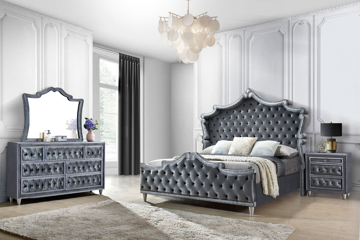Antonella 4-Piece Queen Upholstered Tufted Bedroom Set Grey  Las Vegas Furniture Stores
