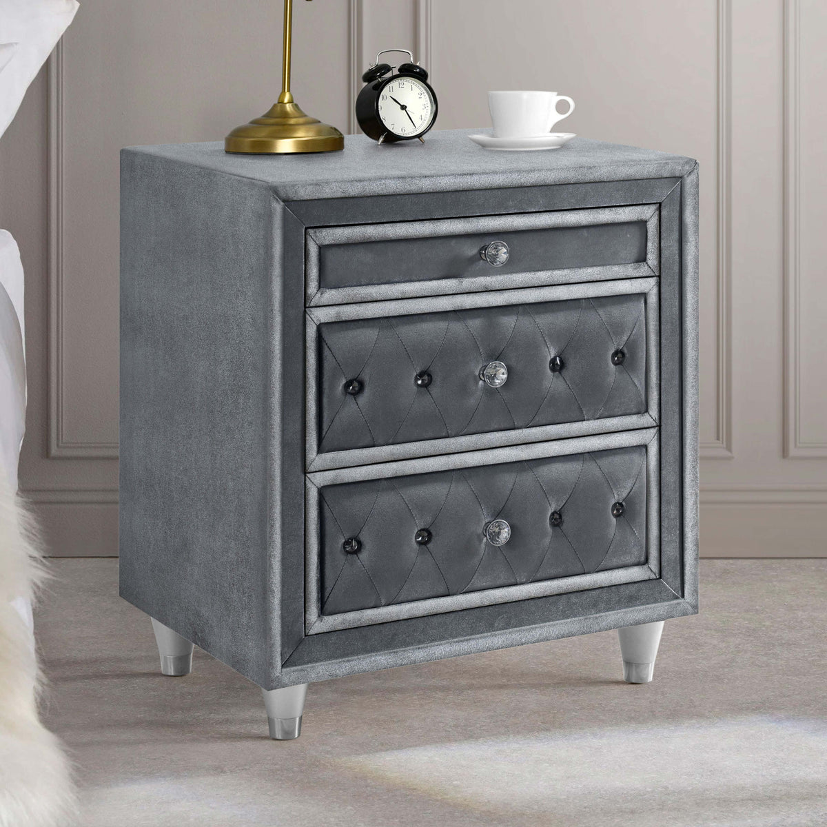 Antonella 3-drawer Upholstered Nightstand Grey Antonella 3-drawer Upholstered Nightstand Grey Half Price Furniture