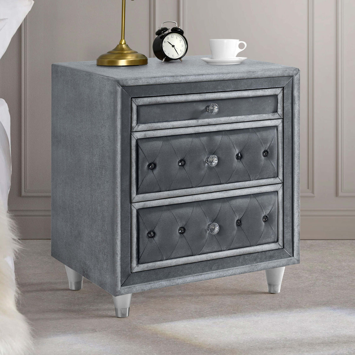Antonella 3-drawer Upholstered Nightstand Grey Half Price Furniture