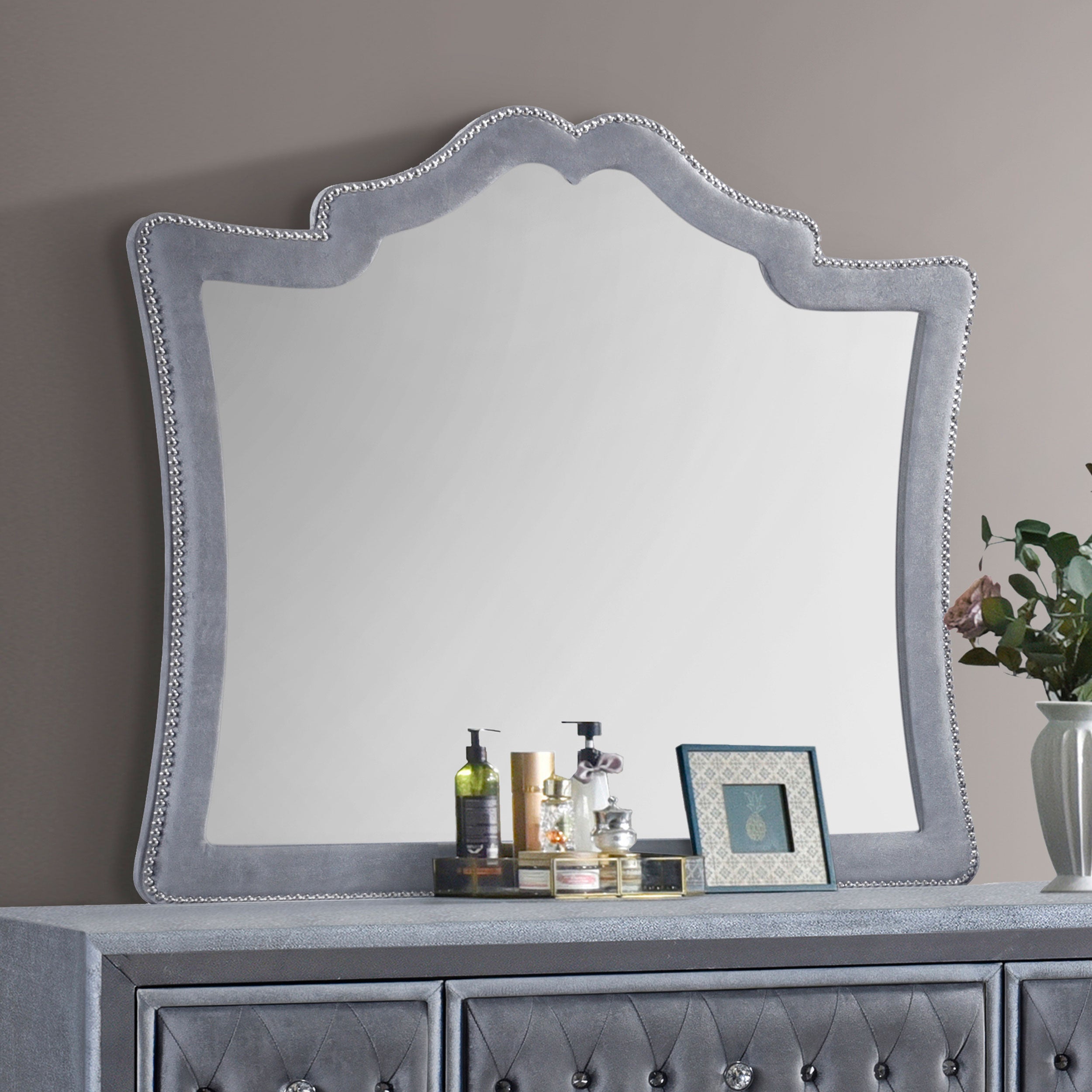 grey velvet dresser with mirror Antonella Nailhead Trim Camel LowStock:42550415392819