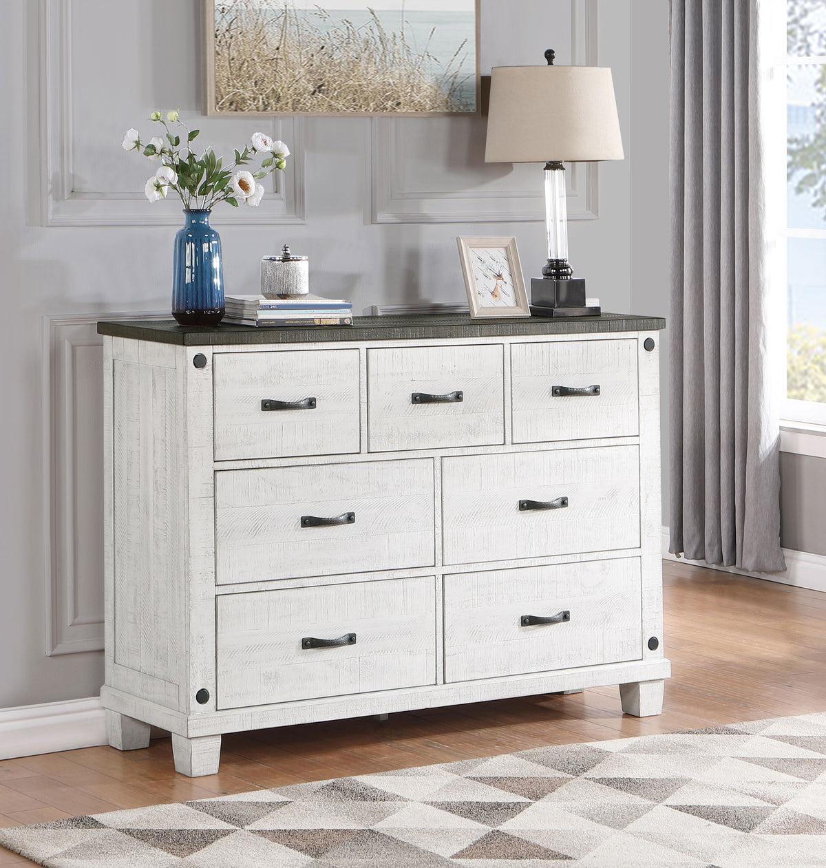 Lilith 7-drawer Dresser Distressed Grey and White  Las Vegas Furniture Stores