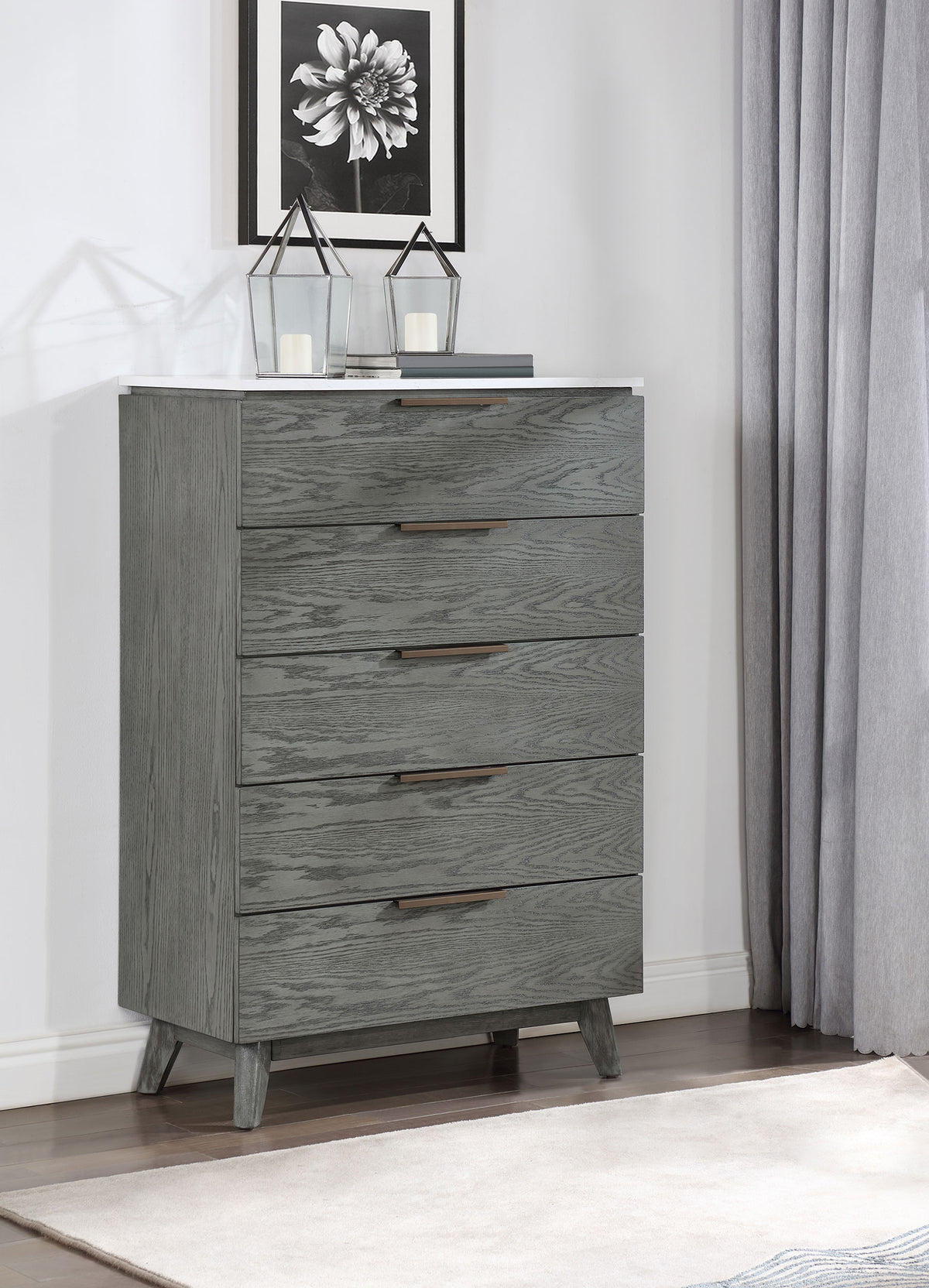 Nathan 5-drawer Chest White Marble and Grey  Las Vegas Furniture Stores