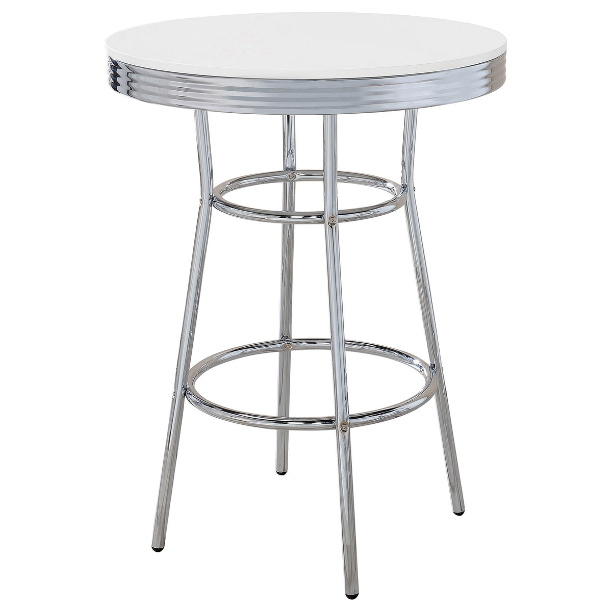 Theodore Round Bar Table Chrome and Glossy White Theodore Round Bar Table Chrome and Glossy White Half Price Furniture
