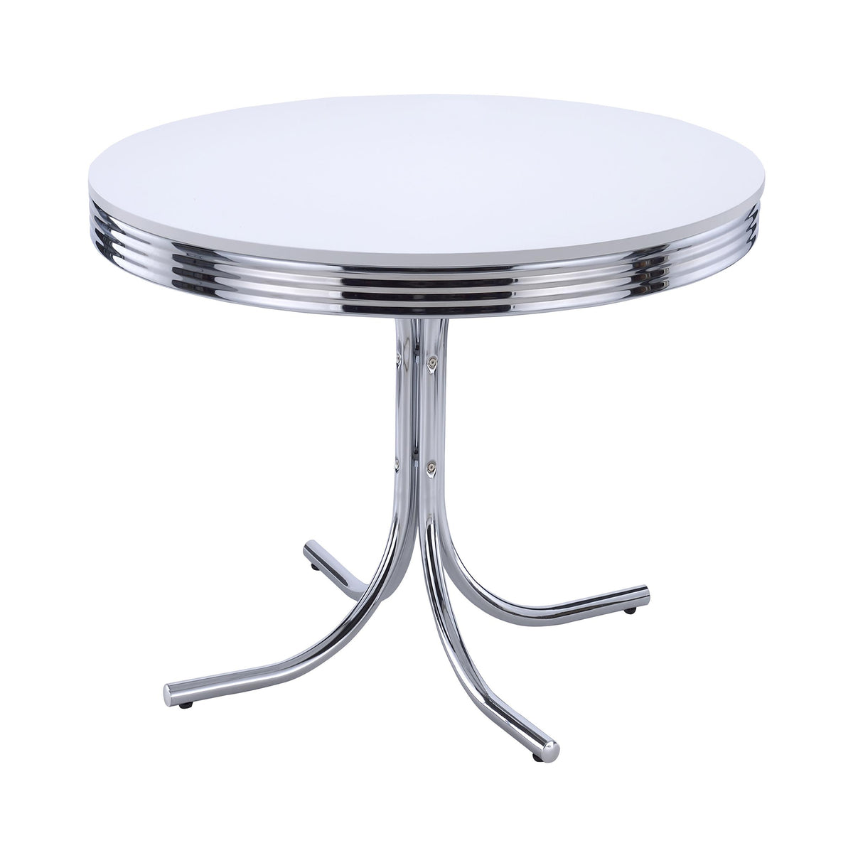 Retro Round Dining Table Glossy White and Chrome  Las Vegas Furniture Stores