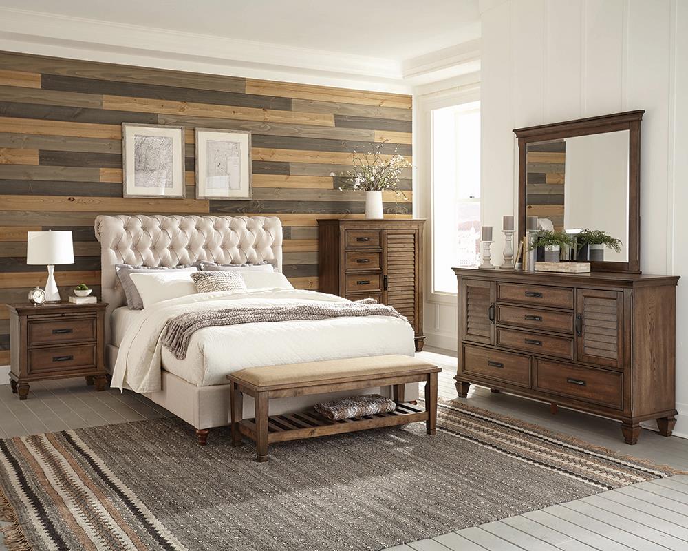 Devon 4-piece Upholstered California King Bedroom Set Beige and Burnished Oak  Las Vegas Furniture Stores