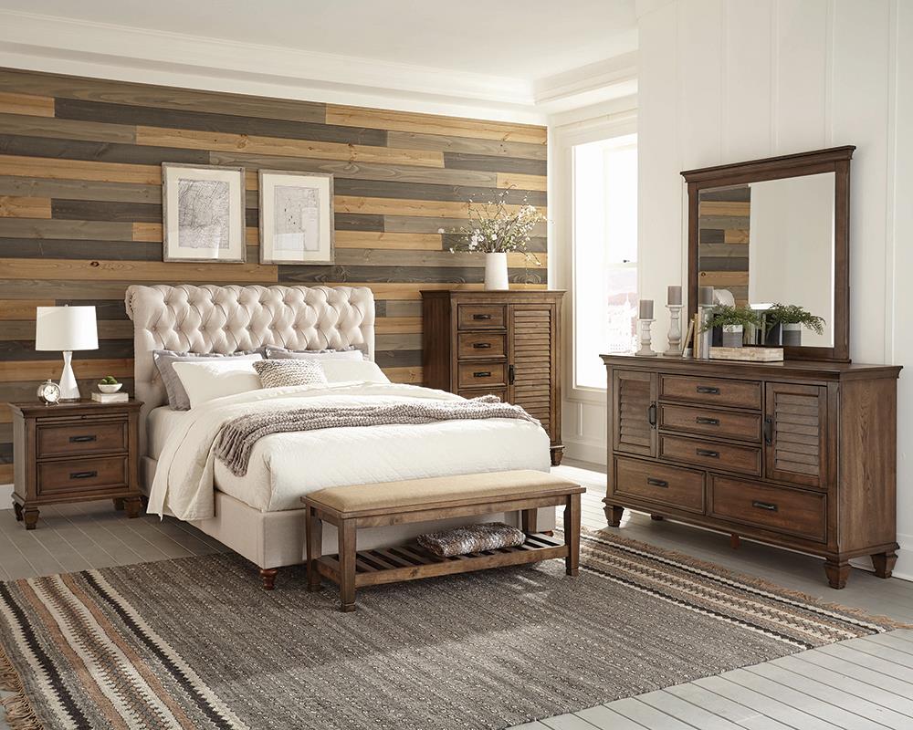 Devon 5-piece Upholstered Queen Bedroom Set Beige and Burnished Oak Half Price Furniture