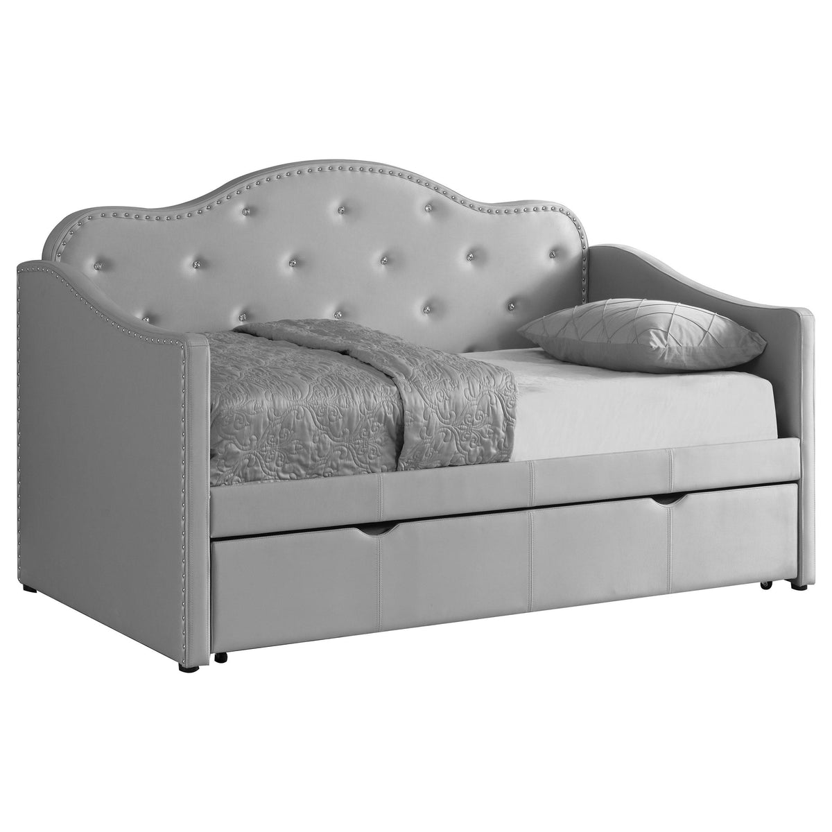 Elmore Upholstered Twin Daybed with Trundle Pearlescent Grey Elmore Upholstered Twin Daybed with Trundle Pearlescent Grey Half Price Furniture