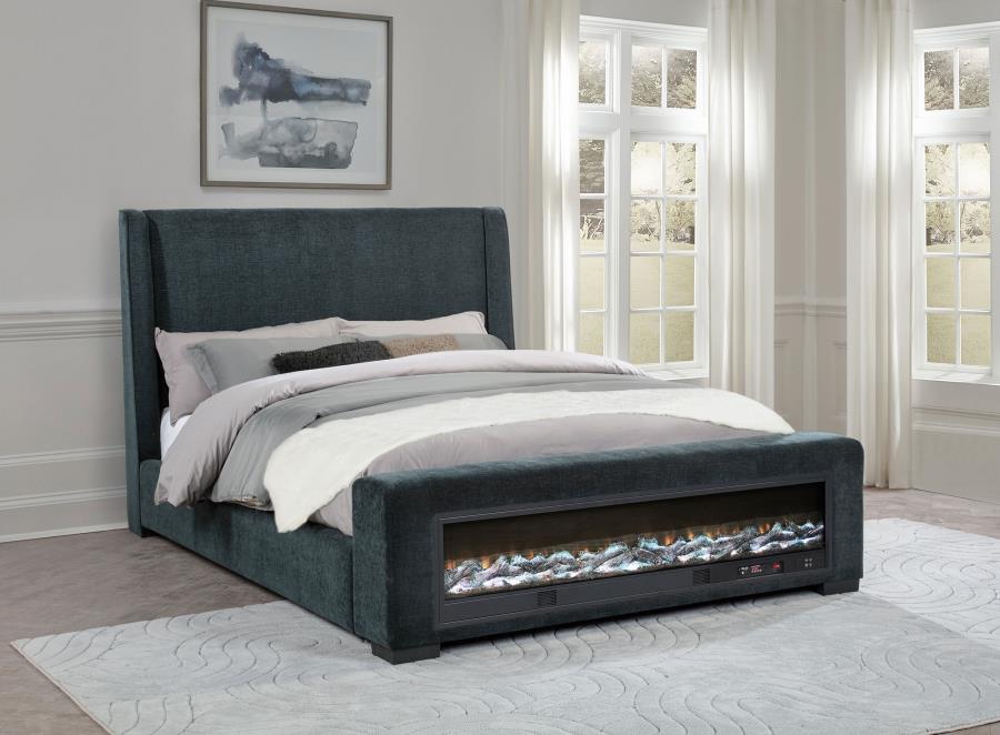 Preston Upholstered Queen Audio Flame Visualizer Bed Dark Blue