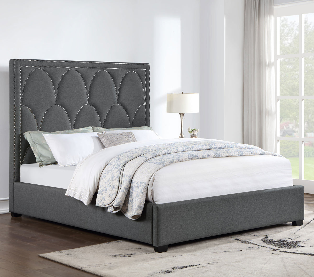 Bowfield Upholstered Bed with Nailhead Trim Charcoal Half Price Furniture