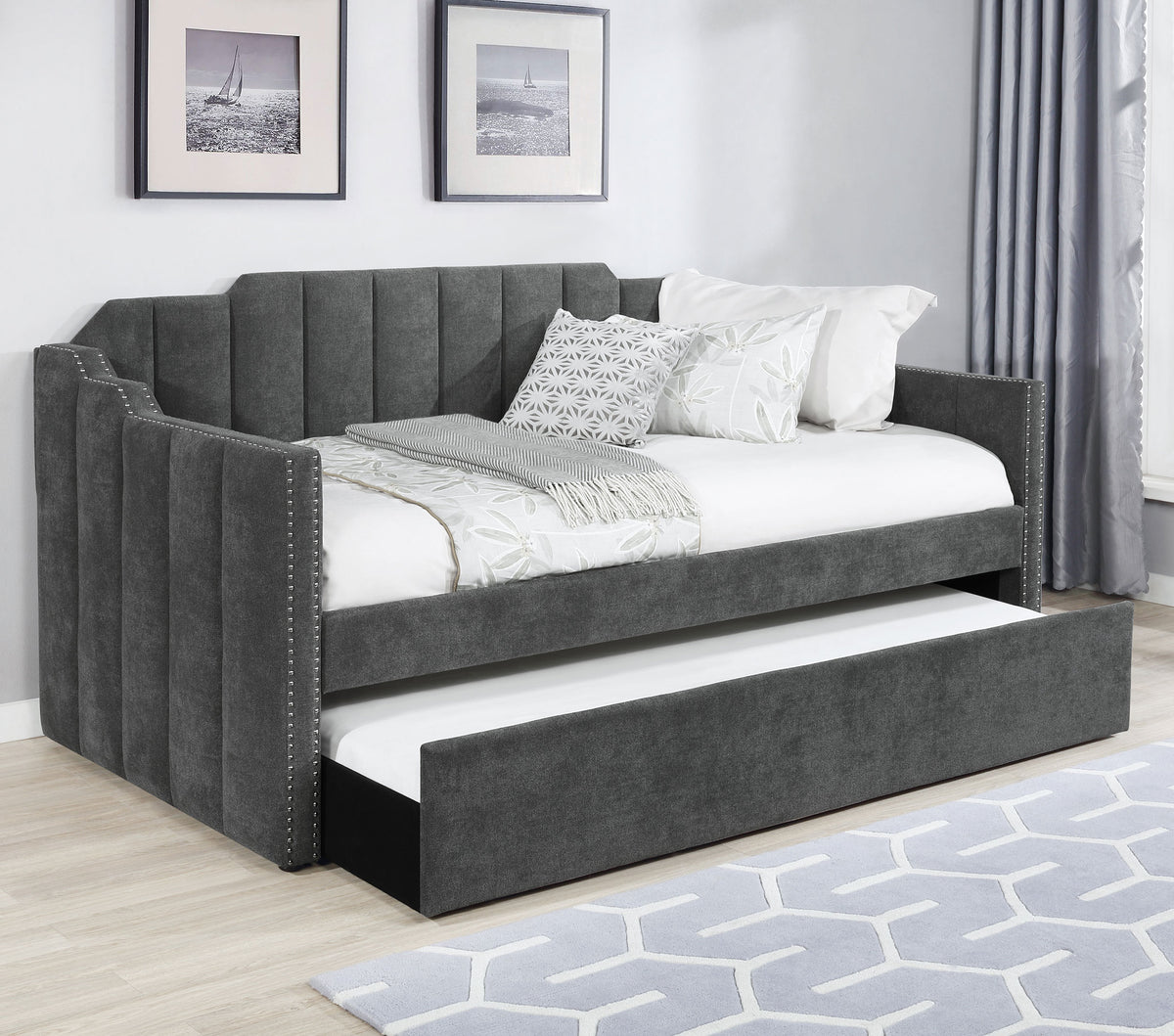 Kingston Upholstered Twin Daybed with Trundle Charcoal Kingston Upholstered Twin Daybed with Trundle Charcoal Half Price Furniture
