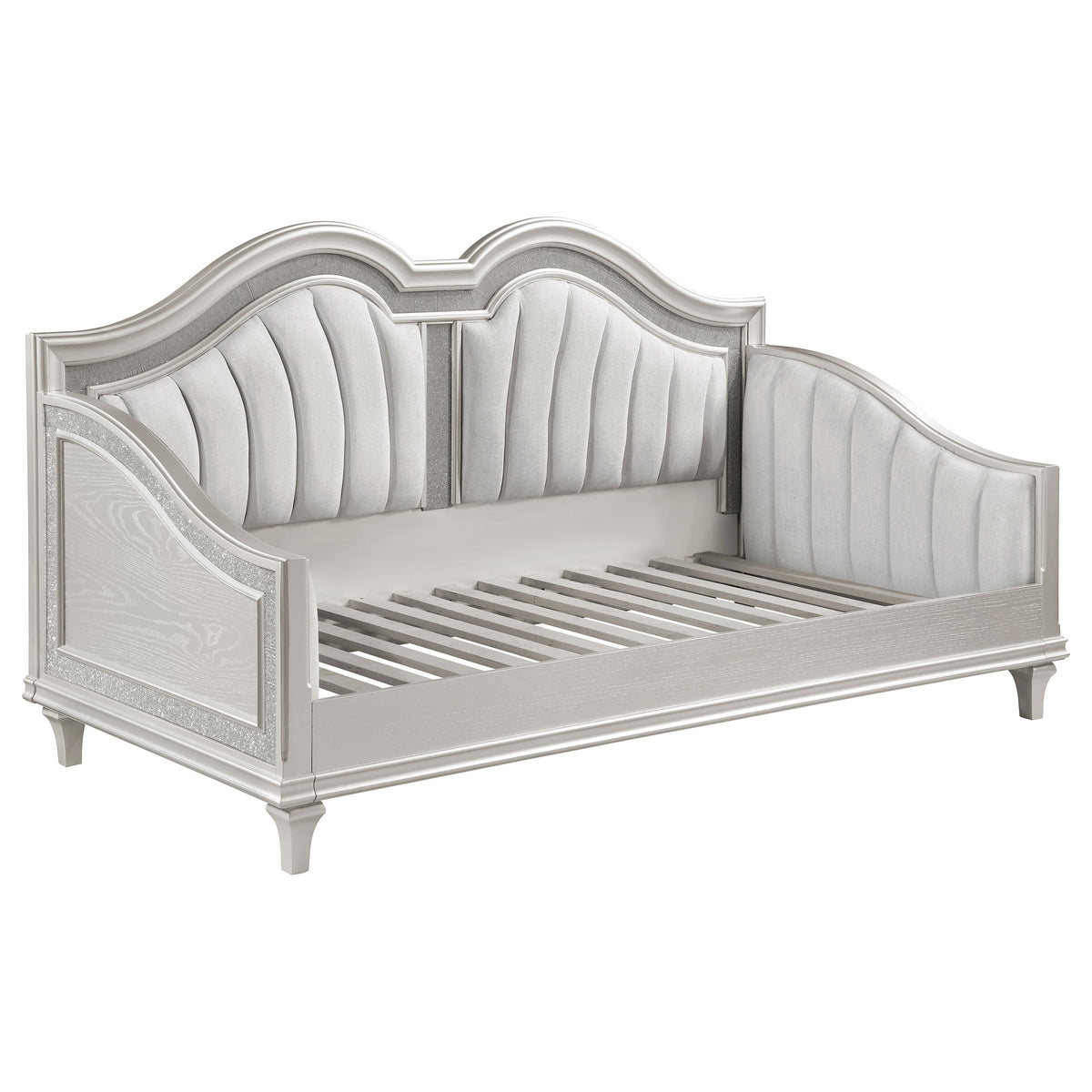 Evangeline Upholstered Twin Daybed with Faux Diamond Trim Silver and Ivory Evangeline Upholstered Twin Daybed with Faux Diamond Trim Silver and Ivory Half Price Furniture