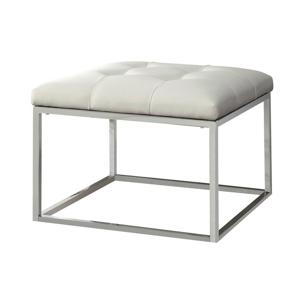 Swanson Upholstered Tufted Ottoman White and Chrome  Las Vegas Furniture Stores