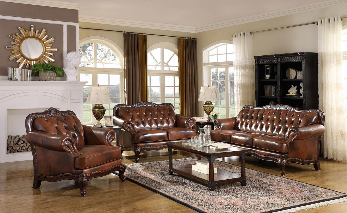 Victoria Upholstered Tufted Living Room Set Brown Half Price Furniture