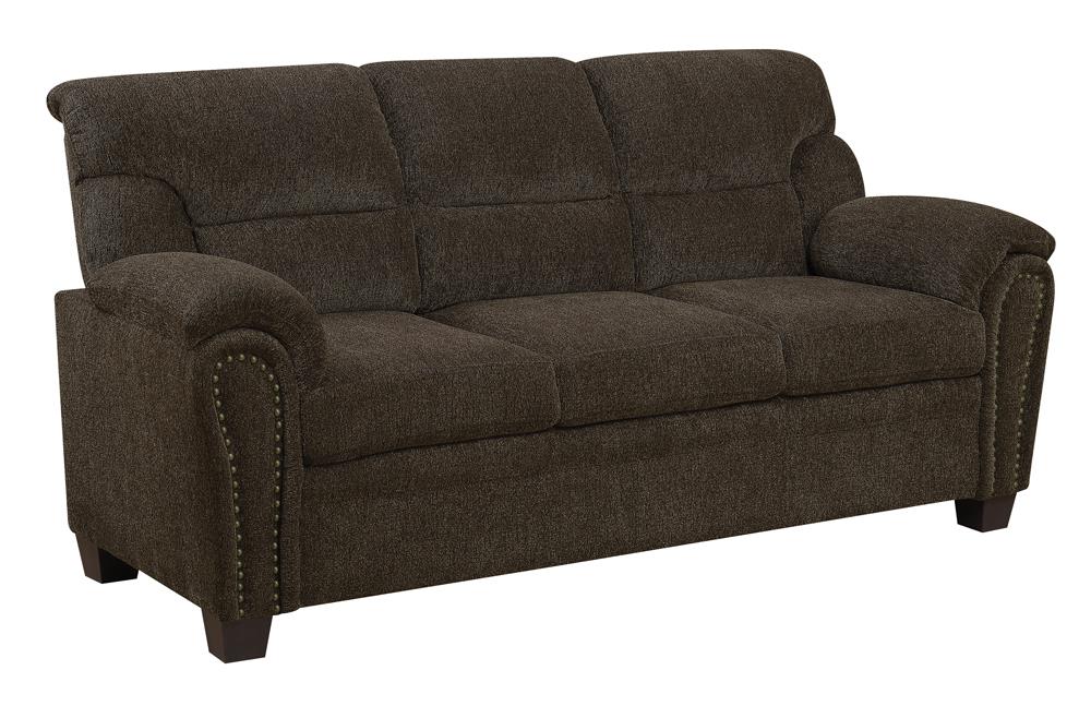 Clementine Upholstered Sofa with Nailhead Trim Brown Clementine Upholstered Sofa with Nailhead Trim Brown Half Price Furniture