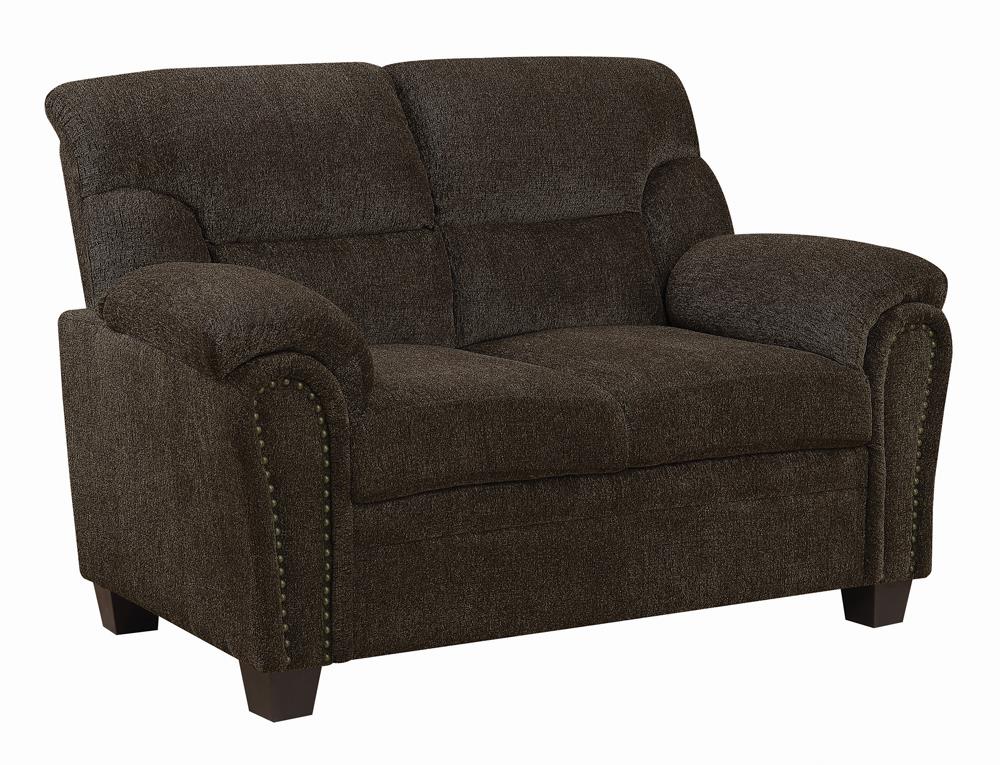 Clementine Upholstered Loveseat with Nailhead Trim Brown  Las Vegas Furniture Stores
