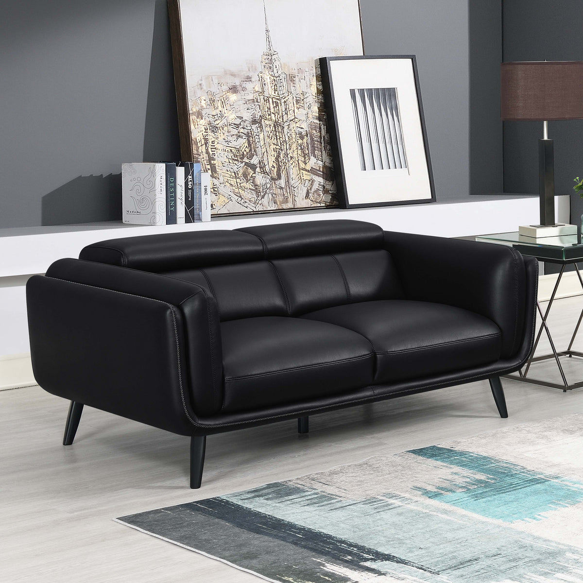 Shania Track Arms Loveseat with Tapered Legs Black  Las Vegas Furniture Stores