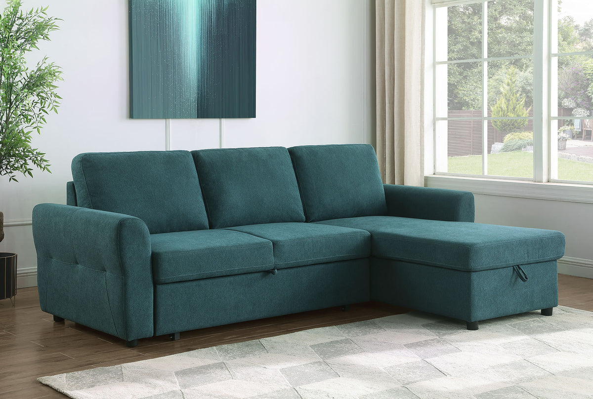 Samantha Upholstered Sleeper Sofa Sectional with Storage Chaise Teal Blue  Las Vegas Furniture Stores
