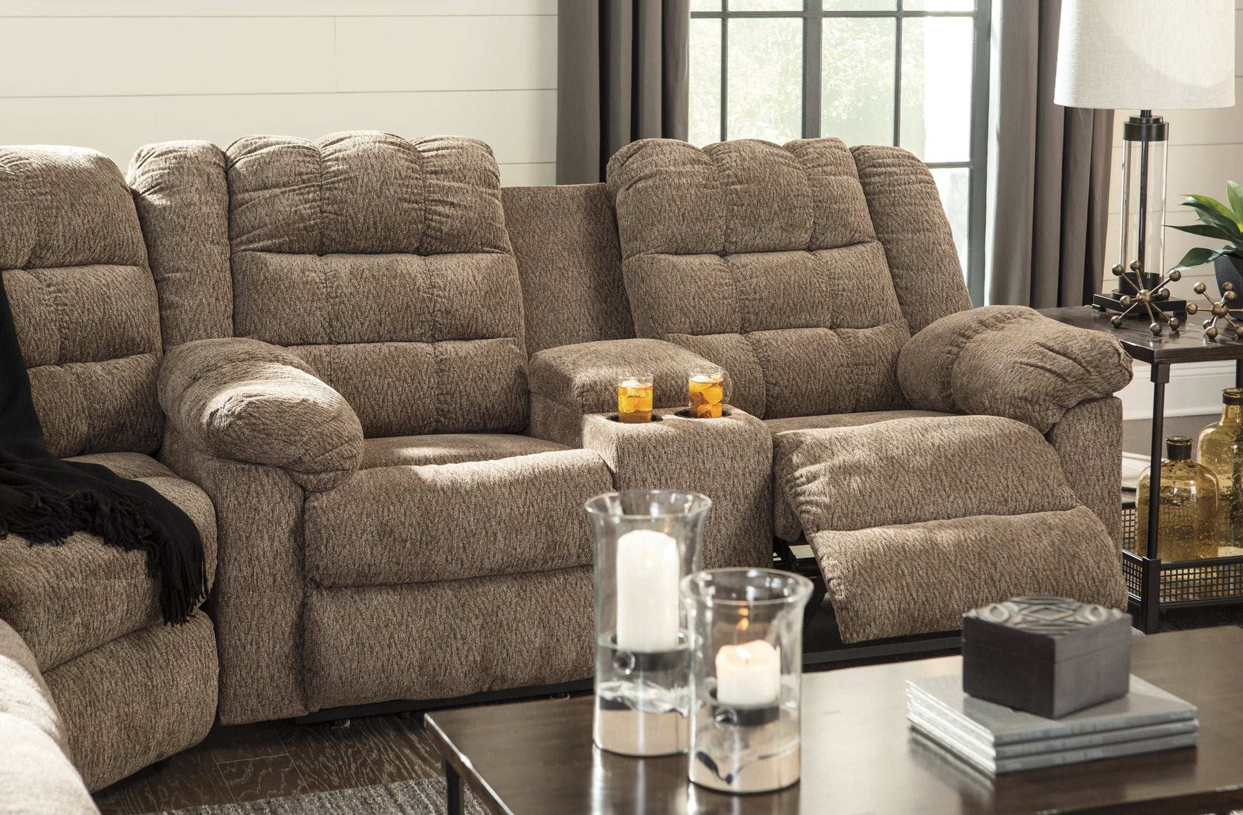 Workhorse Reclining Loveseat with Console Half Price Furniture