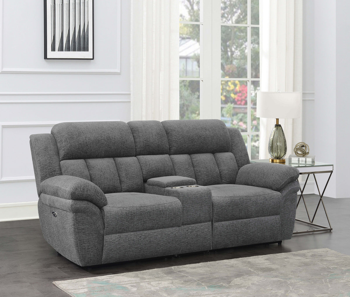 Bahrain Upholstered Power Loveseat with Console Charcoal Bahrain Upholstered Power Loveseat with Console Charcoal Half Price Furniture