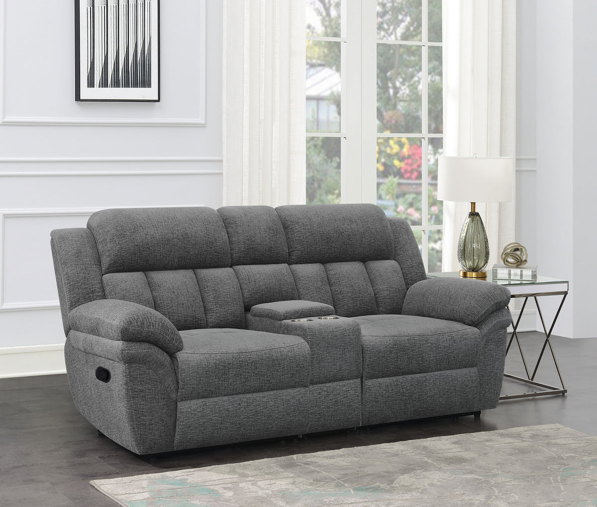 Bahrain Upholstered Motion Loveseat with Console Charcoal Half Price Furniture