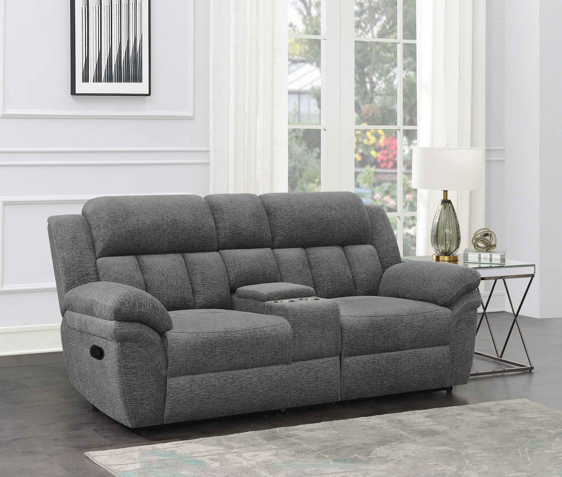 Bahrain Upholstered Motion Loveseat with Console Charcoal Half Price Furniture