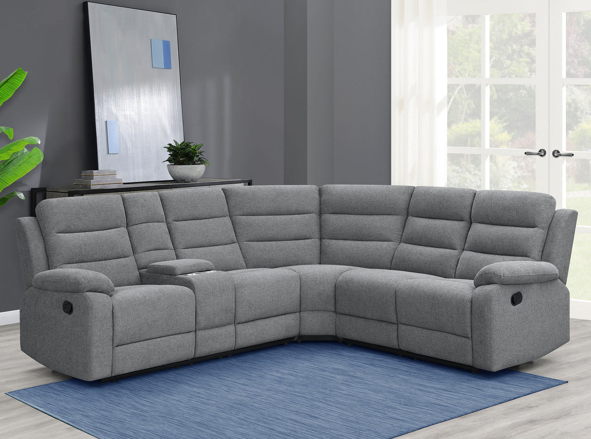 David 3-piece Upholstered Motion Sectional with Pillow Arms Smoke David 3-piece Upholstered Motion Sectional with Pillow Arms Smoke Half Price Furniture