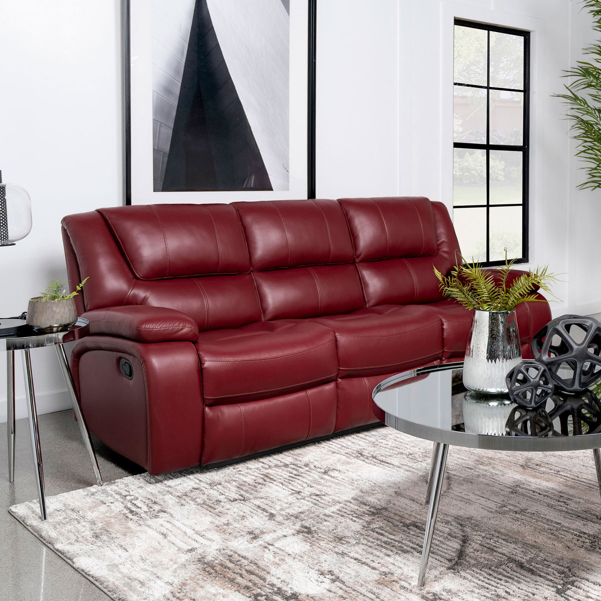 Camila Upholstered Motion Reclining Sofa Red Faux Leather Camila Upholstered Motion Reclining Sofa Red Faux Leather Half Price Furniture