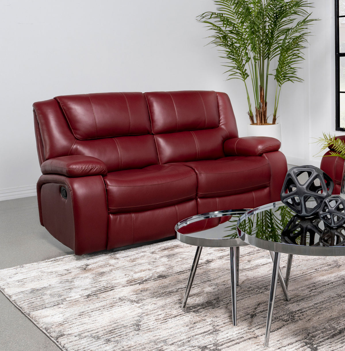 Camila Upholstered Motion Reclining Loveseat Red Faux Leather  Las Vegas Furniture Stores